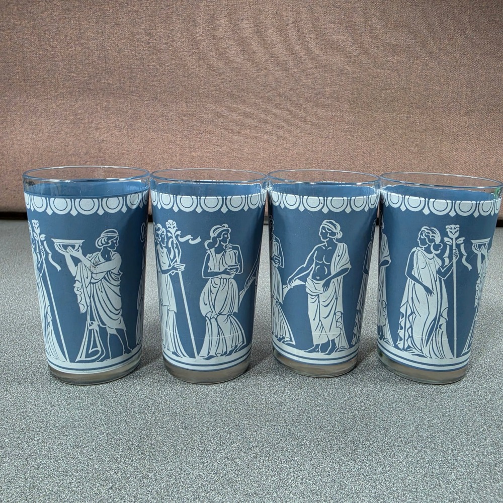 Vintage Wedgewood‎ Frosted Glasses Set of 4 Blue White Excellent